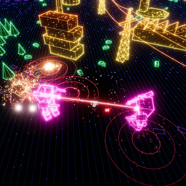 Sector G: two mechs trading laser fire, seen from above, among buildings and trees drawn in glowing lines