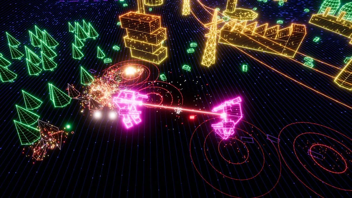 Sector G: two mechs trading laser fire, seen from above, among buildings and trees drawn in glowing lines